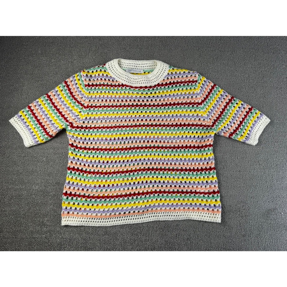 Miss Sparkling Crochet Top Womens Small Short Sleeve Striped Sweater Multi Color